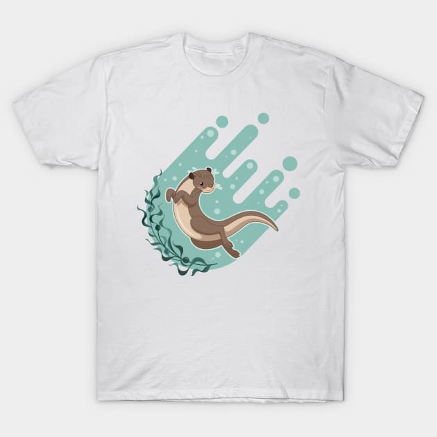 Sea otter floating on water with kelp forest vector illustration T-Shirt by tomodaging